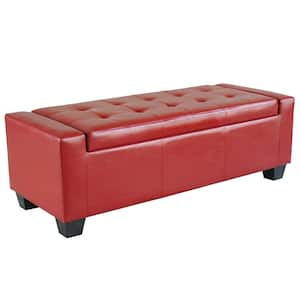 Red Faux Leather Tufted Storage Ottoman Bench