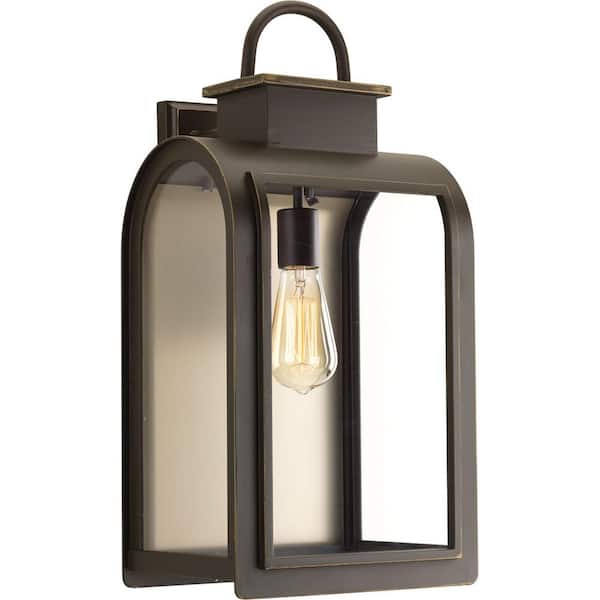 Refuge Collection 1-Light Oil Rubbed Bronze Clear/Etched Umber Glass Farmhouse Outdoor Large Wall Lantern Light