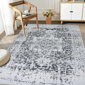 Himalayas Black Creme 10 ft. x 14 ft. Machine Washable Modern Floral Abstract Polyester Non-Slip Backing Area Rug