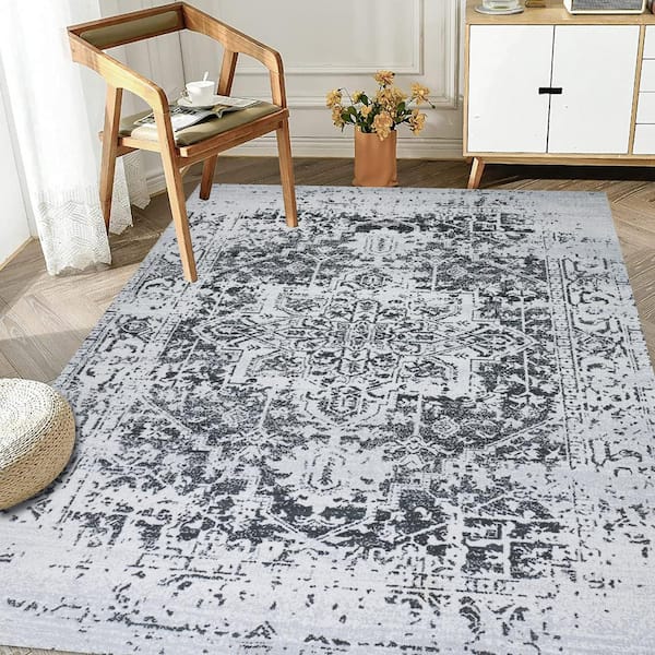 Himalayas Black Creme 4 ft. x 6 ft. Machine Washable Modern Floral Abstract Polyester Non-Slip Backing Area Rug
