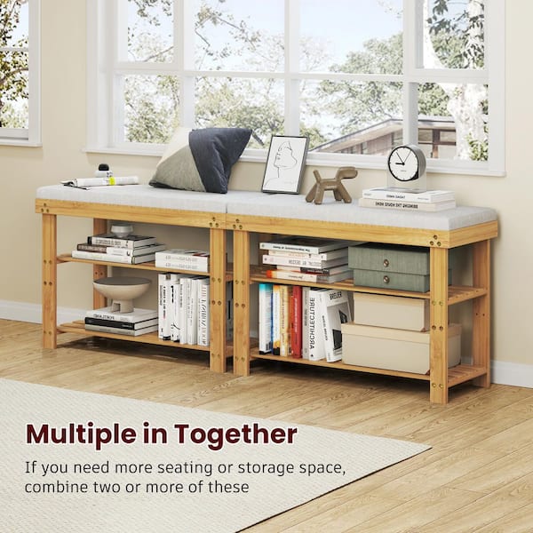 27.5 in. Khaki Bamboo Wood Shoe Bench with Cushion-3-Tier Adjustable Shoe Rack, Entryway Storage Bench
