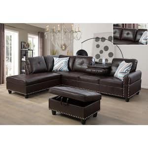 97 in. Round Arm Faux Leather L-Shaped 4-Seater Sofa With Ottoman and Cup Holders in Brown