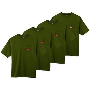 Men's Small Olive Green Heavy-Duty Cotton/Polyester Short-Sleeve Pocket T-Shirt (4-Pack)