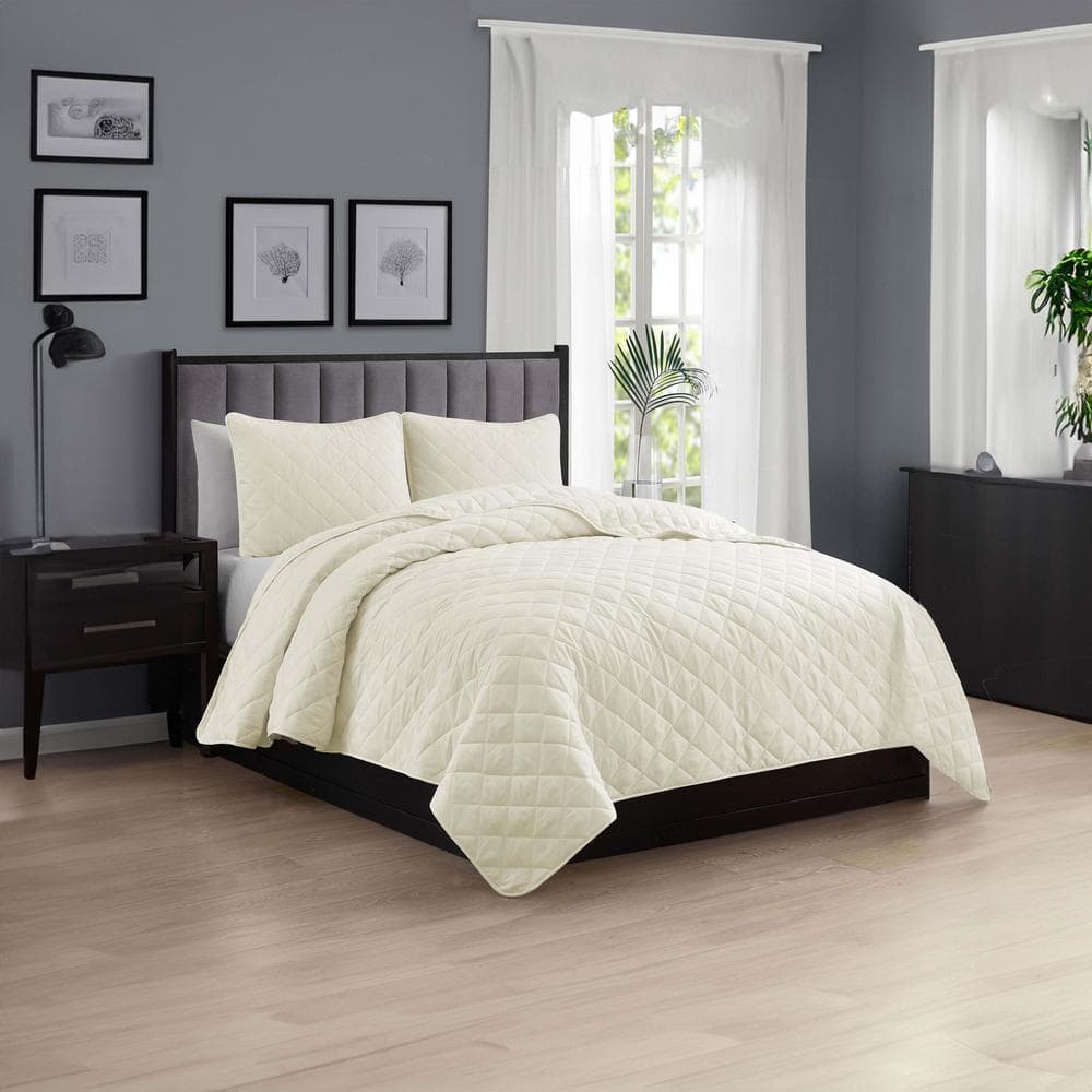 Ivory Twin Reversible Microfiber Diamond Stitch Quilt Set
