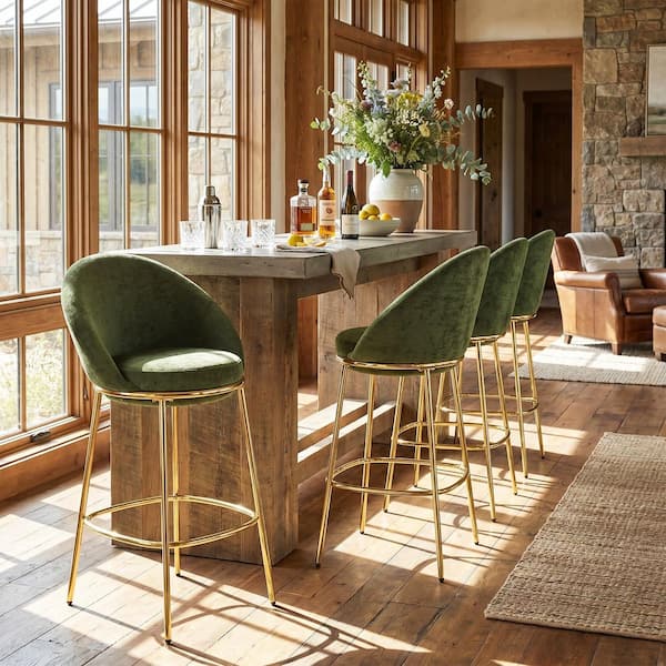 Cyrix 30 in. H Green Fabric Upholstered Modern Bar Stools with Gold Metal Base, (Set of 4)