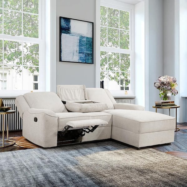Selles 89.5 in Slope Arm 2-Piece Chenille Fabric Fabric Reclining Sectional Sofa with Right Chaise in. Beige