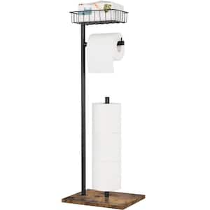 Freestanding Black Toilet Paper Holder Stand with Wood Base and Basket