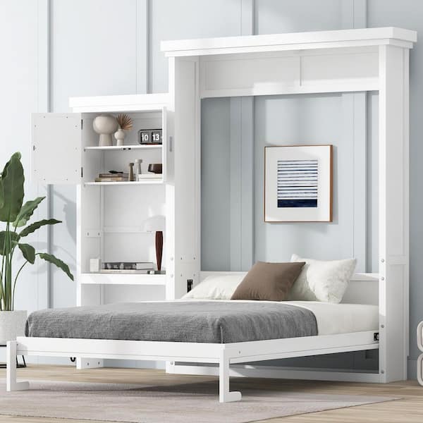 Rowena White Wood Frame Queen Size Murphy Bed with Multiple Storage Shelves, Louvered Style Decoration