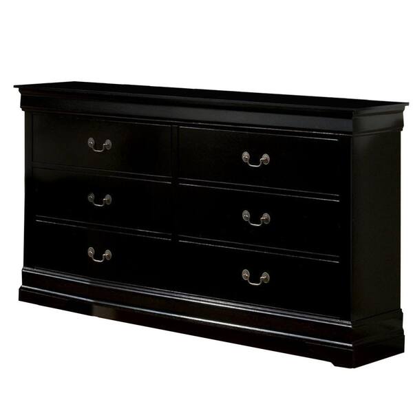 Benjara Black 6-Drawer Wooden Dresser with Bracket Feet and Hanging Pulls 17.5 in. L x 56 in. W x 19 in. H