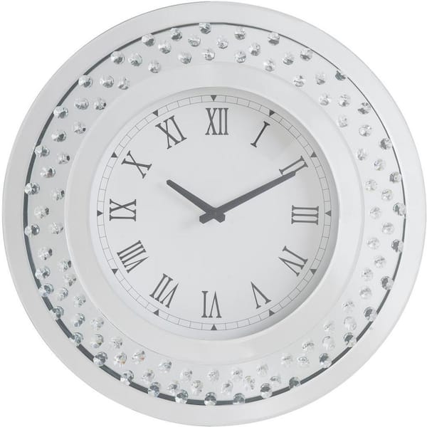 Unbranded New 20 in. Dia White Glam Modern Round Wall Decorative Clock with Mirrored and Faux Crystal Inlay