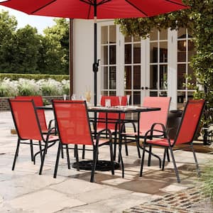 Brazos Red 7-Piece Metal Rectangular Table and 6-Red Flex Comfort Stack Chairs Outdoor Dining Set with Umbrella Hole