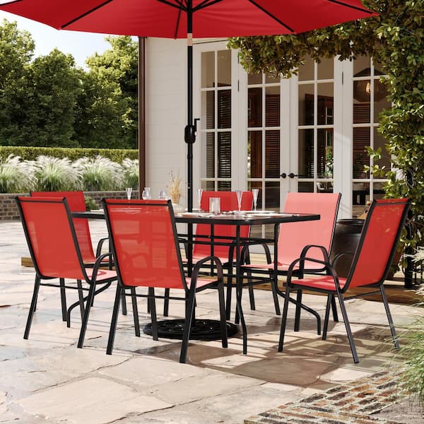 Carnegy Avenue Brazos Red 7-Piece Metal Rectangular Table and 6-Red Flex Comfort Stack Chairs Outdoor Dining Set with Umbrella Hole