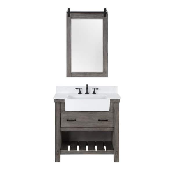 ROSWELL Villareal 36 in.W x 22 in.D x 34 in.H Single Farmhouse Bath Vanity in Classical Grey with Composite Stone Top and Mirror