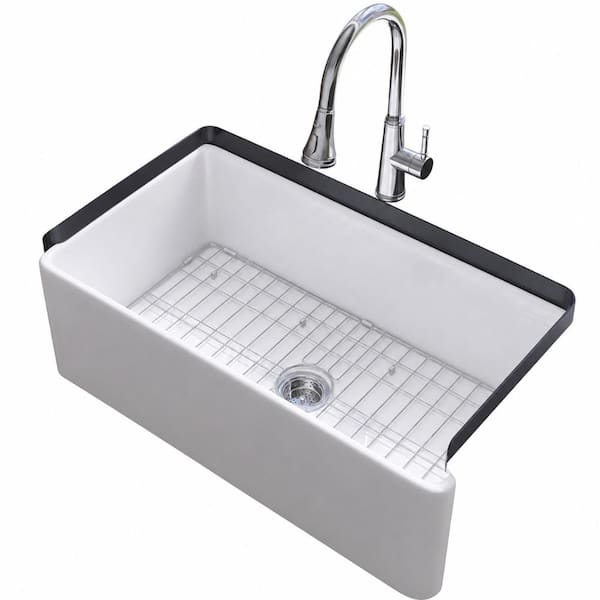 33 in. Undermount Reversible Apron Front Single Bowl Glossy White Fireclay Farmhouse Kitchen Sink