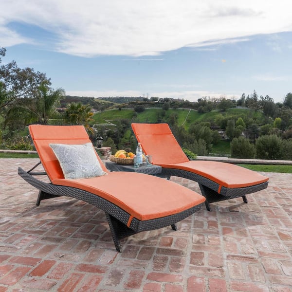 Noble House Miller Grey 3-Piece Faux Rattan Outdoor Chaise Lounge and Table Set with Orange Cushions