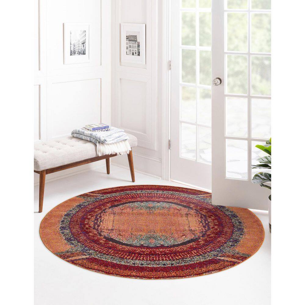 6' Round Orange and Black Abstract Synthetic Rug