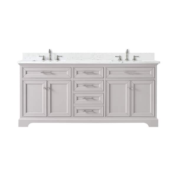Thompson 72 in. W x 22 in. D Bath Vanity in Taupe with Engineered Stone Top in Carrara White with White Sinks