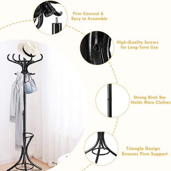 Clihome Black Wooden Standing Coat Rack Tree with 12 Hooks and