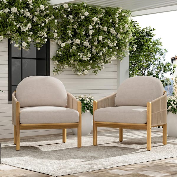 Lincoln Outdoor Solid Wood and Rope Weave Patio Lounge Chair with Beige Cushions, Teak Finish + Beige, Set of 2