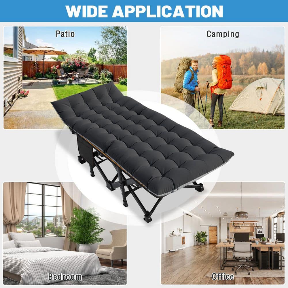 Black Steel Portable Folding Camping Cot with Cushion