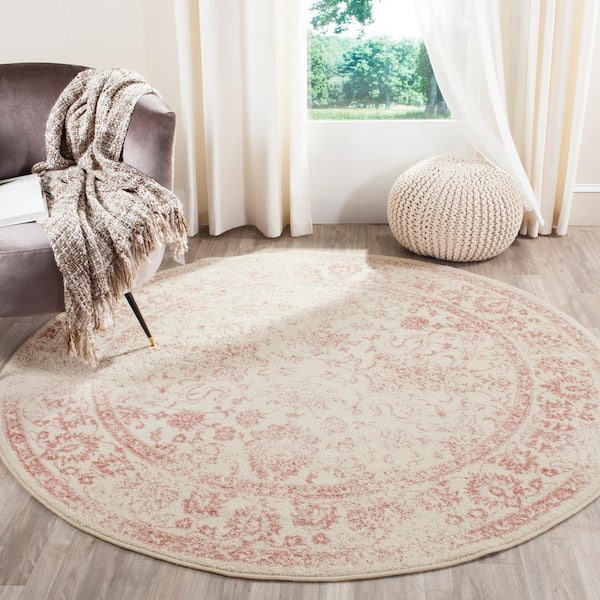 Adirondack Ivory/Rose 9 ft. x 9 ft. Border Distressed Round Area Rug