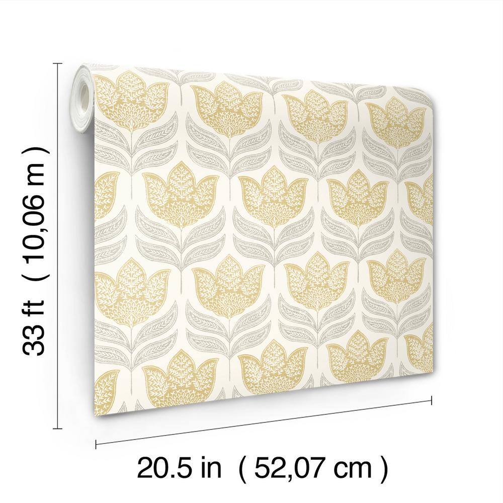 Mustard and Grey Tulip Block Print Wallpaper, 20.5-in by 33-ft