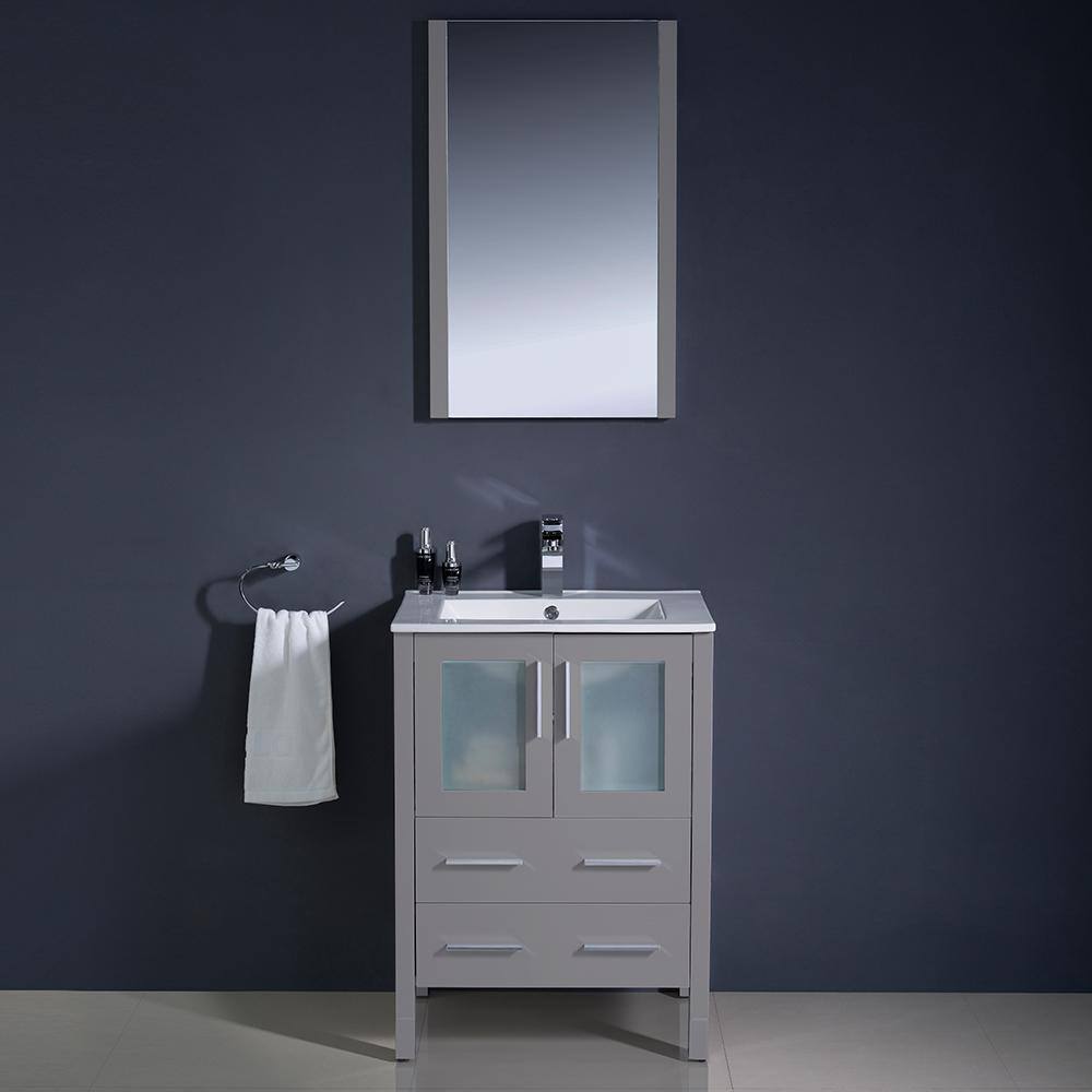 Gray Ceramic and Engineered Wood Single Vanity Set with Mirror