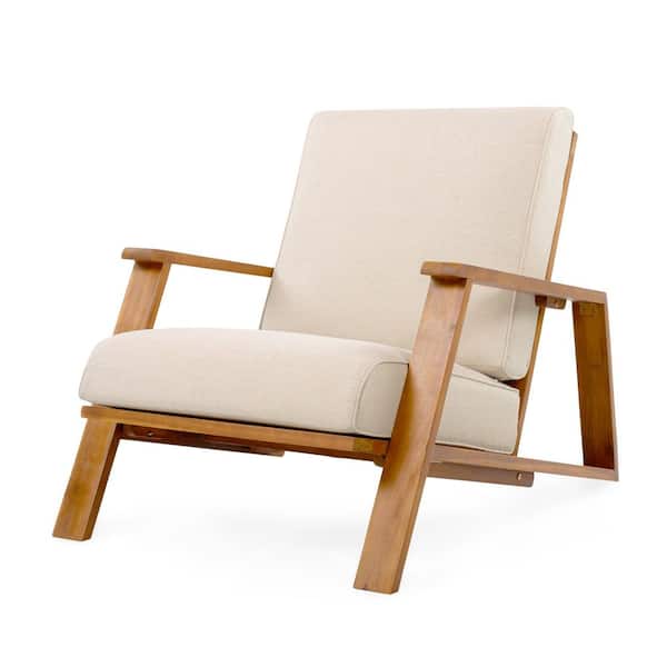 Teak Wood Outdoor Lounge Chair, Club Chair with Beige Cushions