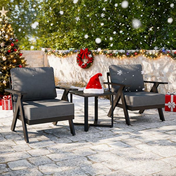 3-Piece Black Aluminum Outdoor Lounge Chair with Gray Cushion, Patio Conversation Set with Coffee Table