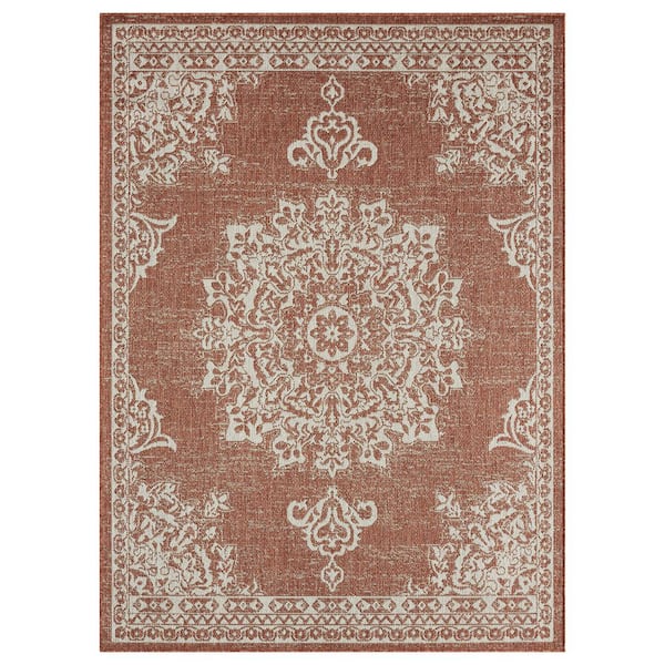 Nicole Miller Patio Country Azalea Terracota/Ivory 6 ft. x 9 ft. Medallion Indoor/Outdoor Area Rug