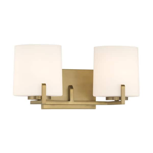 Mirelle 16 in. 2-Light Legacy Brass Vanity Light with Etched Opal Glass Shades
