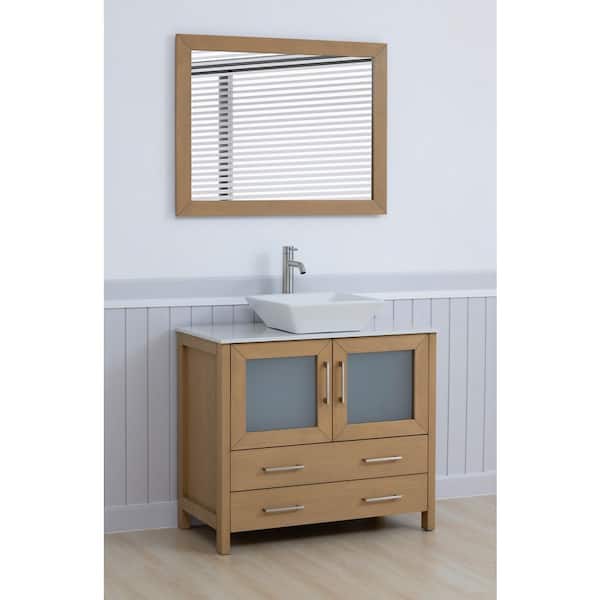 36 in. W Single Basin Natural Oak Bath Vanity with White Engineered Marble Top and Mirror