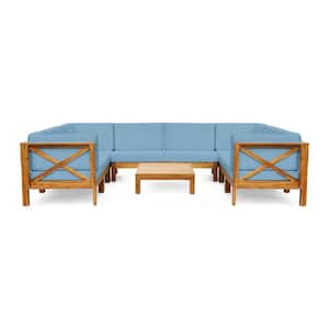Brava Teak Brown 9-Piece Wood Patio Conversation Sectional Seating Set with Blue Cushions