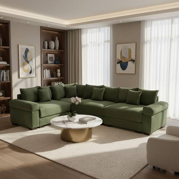 WCLGDJ 116.9 in. Straight Arm 4-Piece Corduroy Modular Sectional Sofa with Ergonomic Design in Olive Green