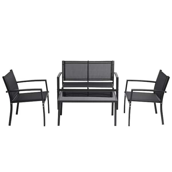 Tidoin Black 4-Piece Metal Outdoor Garden Patio Conversation Sets with Glass Coffee Table