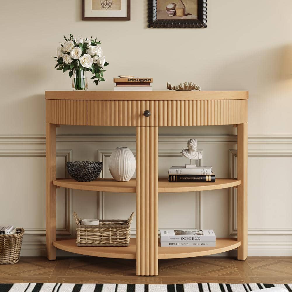 Natural Wood 37 in. Fluted Half Moon Console Table with Drawer and 2 Shelves