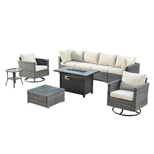 Sanibel Gray 9-Piece Wicker Outdoor Patio Conversation Sofa Sectional Set with a Metal Fire Pit and Beige Cushions