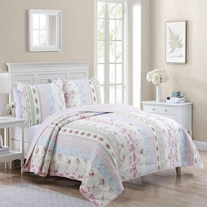 Floral Bloom Garden Vines Stripe 3-Piece Pink Blue Green Cotton Queen Quilt Bedding Set