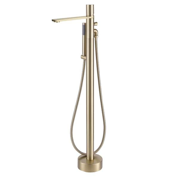 Tomfaucet Single Handle Floor Mount Freestanding Tub Faucet With Hand Shower In Brushed Gold 9817