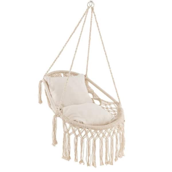27 in. 1-Person Metal Porch Swing Hammock Chair with Beige Cushions and Sturdy Rope Chain