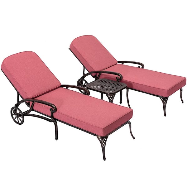DESwan Messer Bronze 3-Piece Aluminum Outdoor Chaise Lounge with Red Cushions and Table