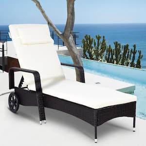 Adjustable Wicker Outdoor Chaise Lounge with White Cushions Recliner