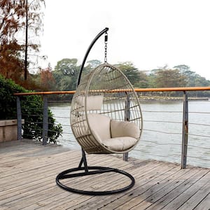 37 in. Black Metal Patio Swing Chair with Cushions in Beige