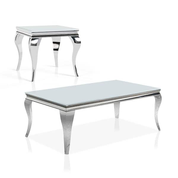 Furniture of America Mosgood 2-Piece 51 in. White Rectangle Glass Coffee Table Set