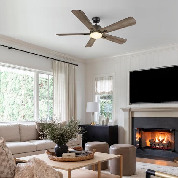 52 in. Smart Indoor/Outdoor Black Downrod LED Standard Ceiling Fan with Remote Control, Wall Control, 10-Speed DC Motor