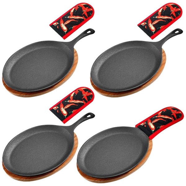 4-Piece Cast Iron Fajita Plate Set with Wooden Tray and Insulated Mitts Pre-Seasoned Oven Grill Safe Kitchen Utensil Set
