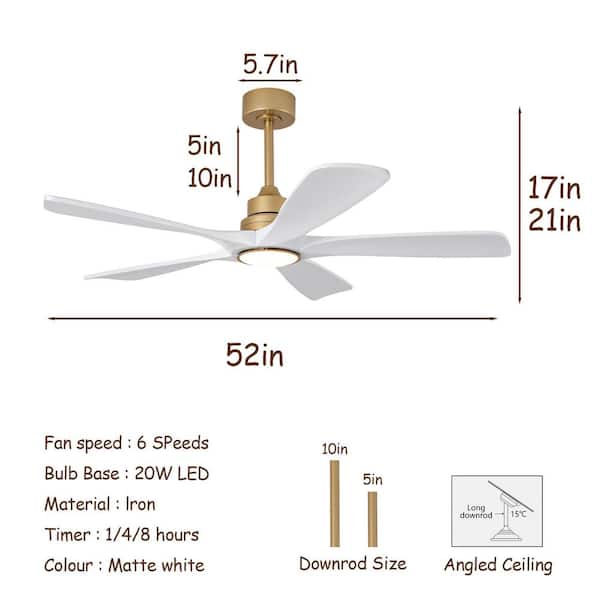 52 in. Indoor Gold Downrod Mount Ceiling Fan with Light, White Wood Blades Reversible Fan for Living Room