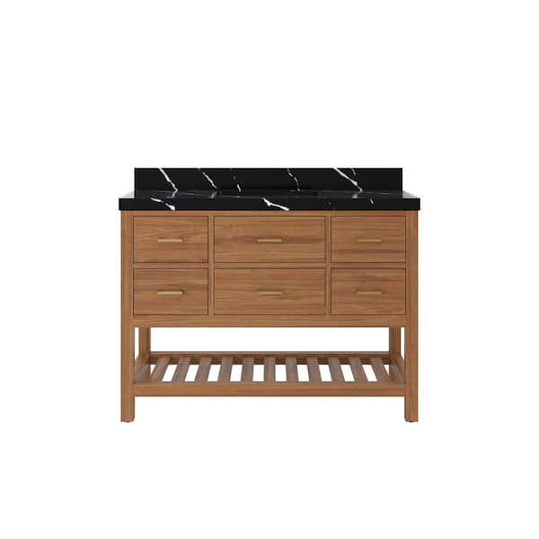Willow Collections Parker Teak 48 in. W x 22 in. D x 36 in. H Single Sink Bath Vanity in Golden Teak with 2 in. Calacatta Black Qt. Top