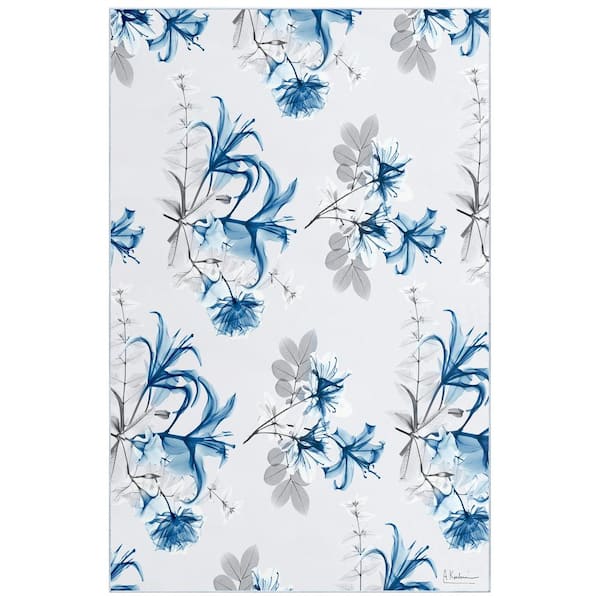 Blue White Gray 5'x8' Beautiful Flower Washable Art , Power-loomed, Heavenly Softness with Non-Slipping Backing Area Rug