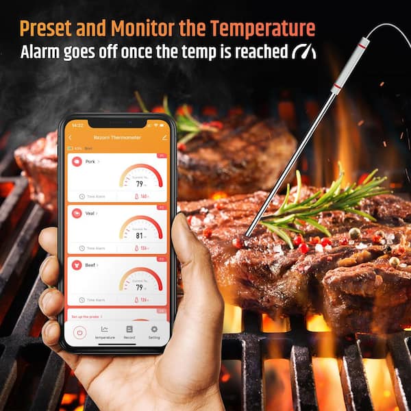 Te-Rich Wireless Meat Thermometer, Bluetooth Digital Food Grill Thermometer  [Oven Safe/Timer/App Connected/] with 6 Temperature Probe for Smoker